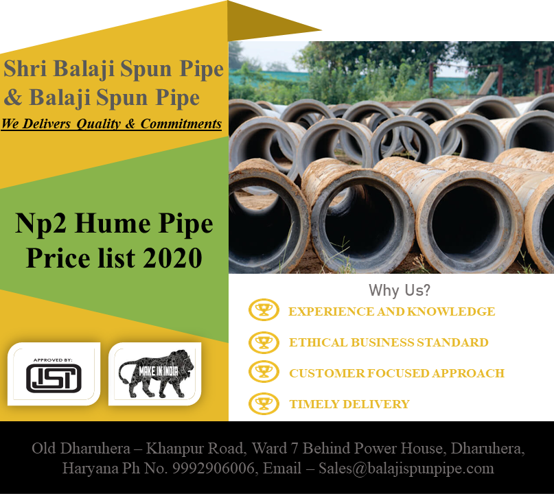 Np2 Hume Pipe Price list 2020 Shri Balaji Spun Pipes